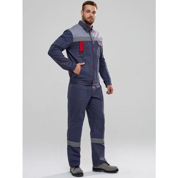 Костюм Флофт-1 СОП (тк.Саржа,250) брюки, т.серый/св.серый/красный