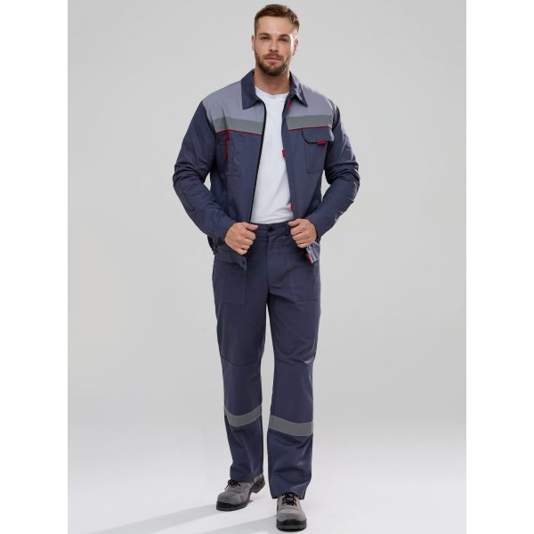 Костюм Флофт-1 СОП (тк.Саржа,250) брюки, т.серый/св.серый/красный